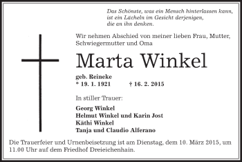 Traueranzeige von Marta Winkel von Offenbach