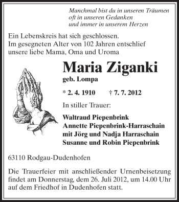 Traueranzeige von Maria Ziganki von OFFENBACH-POST/HANAU-POST