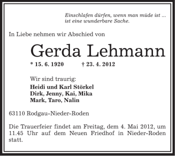 Traueranzeige von Gerda Lehmann von OFFENBACH-POST/HANAU-POST