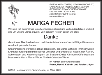 Traueranzeige von Marga Fecher von OFFENBACH-POST/HANAU-POST