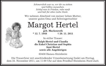 Traueranzeige von Margot Hertel von OFFENBACH-POST/HANAU-POST