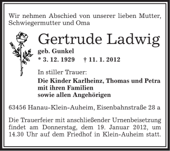 Traueranzeige von Gertrude Ladwig von OFFENBACH-POST/HANAU-POST