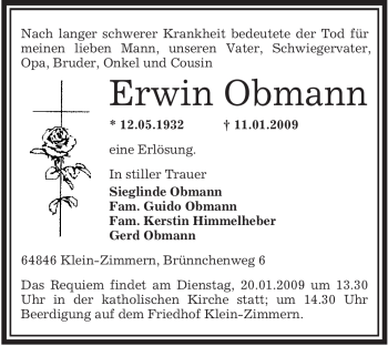 Traueranzeige von Erwin Obmann von OFFENBACH-POST/HANAU-POST