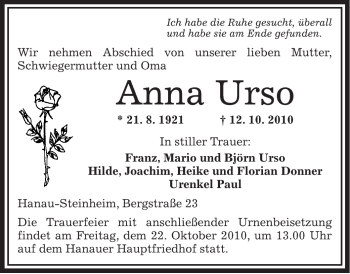 Traueranzeige von Anna Urso von OFFENBACH-POST/HANAU-POST