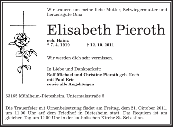 Traueranzeige von Elisabeth Pieroth von OFFENBACH-POST/HANAU-POST