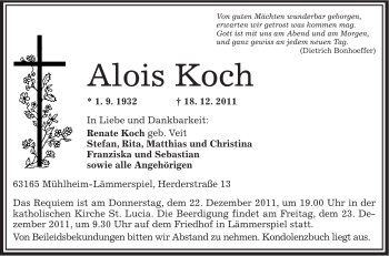 Traueranzeige von Alois Koch von OFFENBACH-POST/HANAU-POST