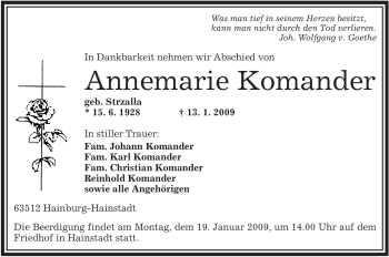 Traueranzeige von Annemarie Komander von OFFENBACH-POST/HANAU-POST