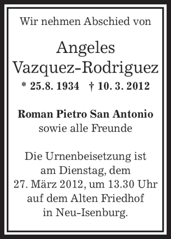 Traueranzeige von Angeles Vazquez-Rodriguez von OFFENBACH-POST/HANAU-POST