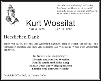 Traueranzeige von Kurt Wossilat von OFFENBACH-POST/HANAU-POST