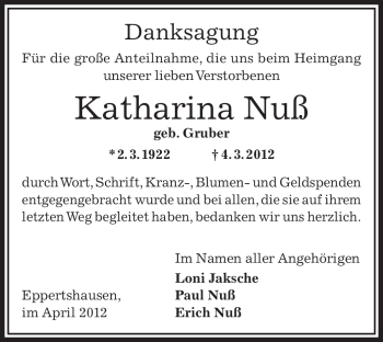 Traueranzeige von Katharina Nuß von OFFENBACH-POST/HANAU-POST