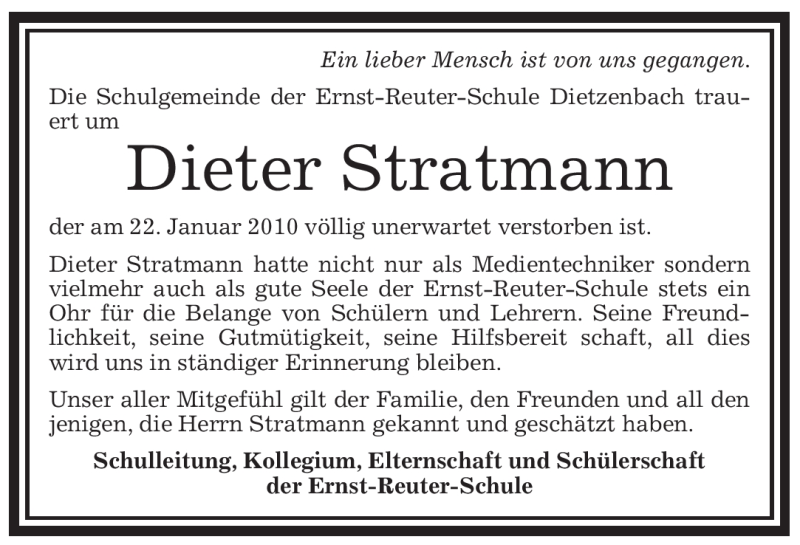  Traueranzeige für Dieter Stratmann vom 27.01.2010 aus OFFENBACH-POST/HANAU-POST
