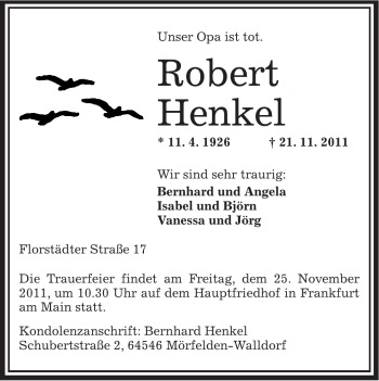 Traueranzeige von Robert Henkel von OFFENBACH-POST/HANAU-POST