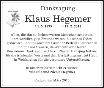 Traueranzeige von Klaus Hegemer von Offenbach