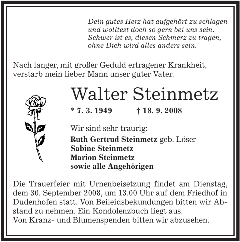  Traueranzeige für Walter Steinmetz vom 25.09.2008 aus OFFENBACH-POST/HANAU-POST