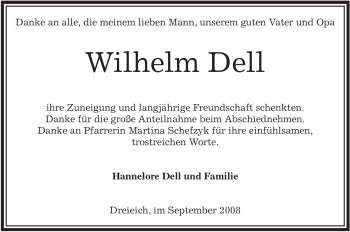 Traueranzeige von Wilhelm Dell von OFFENBACH-POST/HANAU-POST