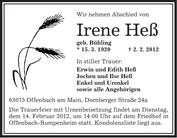 Traueranzeige von Irene Heß von OFFENBACH-POST/HANAU-POST