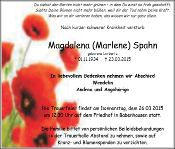 Traueranzeige von Magdalena Spahn von Offenbach