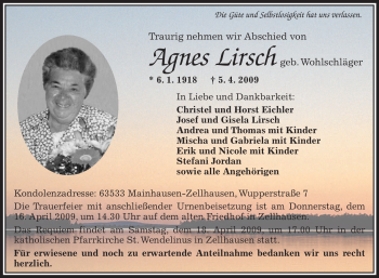 Traueranzeige von Agnes Lirsch von OFFENBACH-POST/HANAU-POST