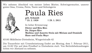 Traueranzeige von Paula Ries von OFFENBACH-POST/HANAU-POST