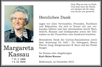 Traueranzeige von Margareta Kassau von OFFENBACH-POST/HANAU-POST