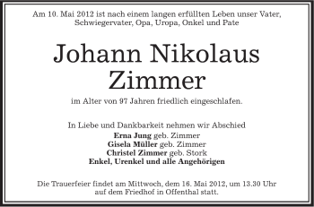 Traueranzeige von Johann Nikolaus Zimmer von OFFENBACH-POST/HANAU-POST