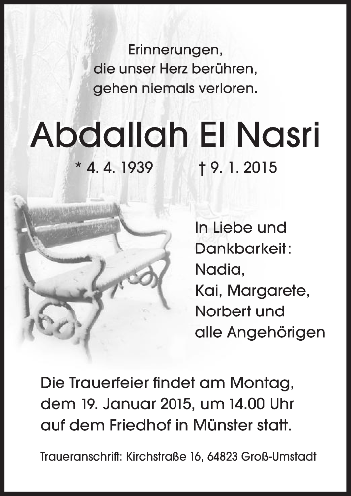  Traueranzeige für Abdallah EI Nasri vom 17.01.2015 aus Offenbach