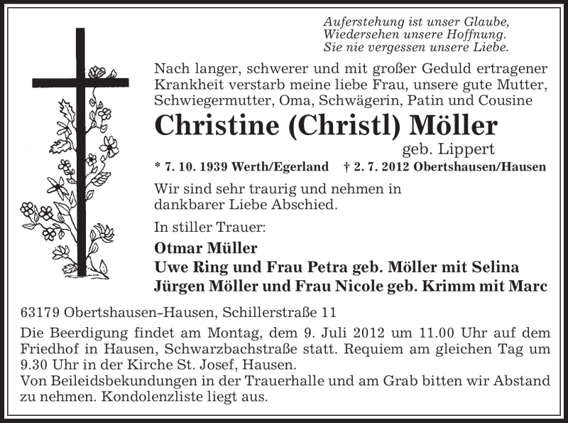  Traueranzeige für Christine Möller vom 05.07.2012 aus OFFENBACH-POST/HANAU-POST