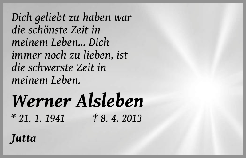  Traueranzeige für Werner Alsleben vom 09.04.2015 aus Offenbach