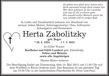 Traueranzeige von Herta Zabolitzky von OFFENBACH-POST/HANAU-POST