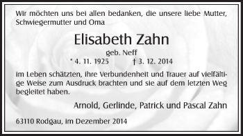 Traueranzeige von Elisabeth Zahn von Offenbach