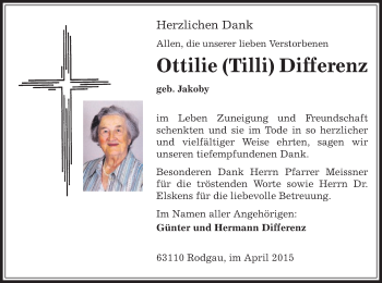 Traueranzeige von Ottilie  Differenz von Offenbach