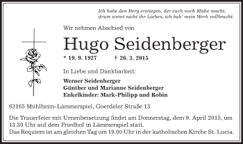 Traueranzeige von Hugo Seidenberger von Offenbach