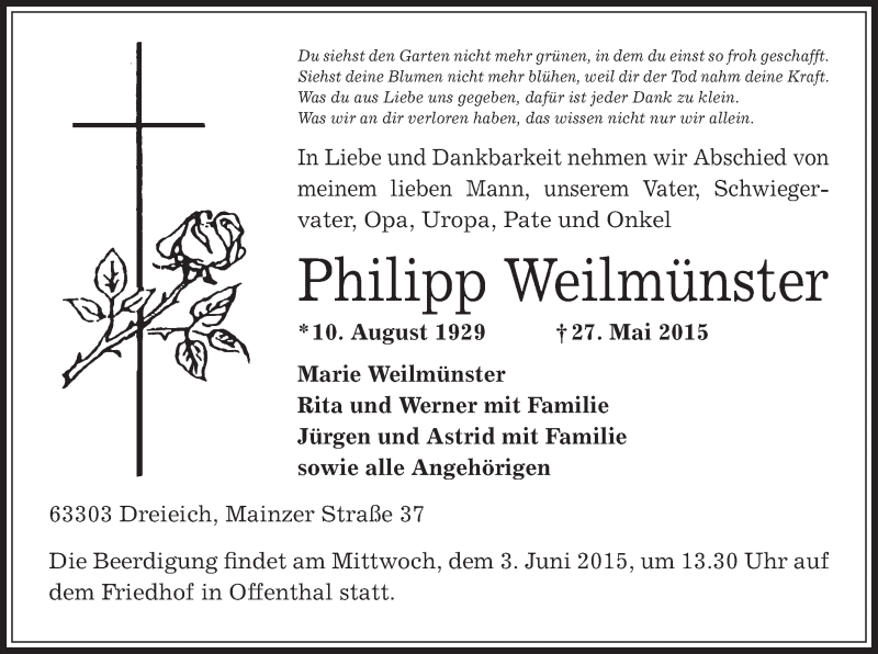  Traueranzeige für Philipp Weilmünster vom 30.05.2015 aus Offenbach