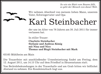 Traueranzeige von Karl Steinbacher von OFFENBACH-POST/HANAU-POST