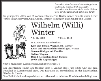 Traueranzeige von Wilhelm Winter von OFFENBACH-POST/HANAU-POST