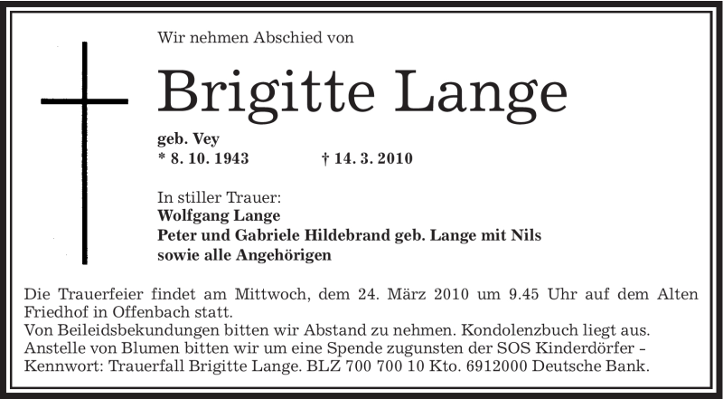  Traueranzeige für Brigitte Lange vom 20.03.2010 aus OFFENBACH-POST/HANAU-POST