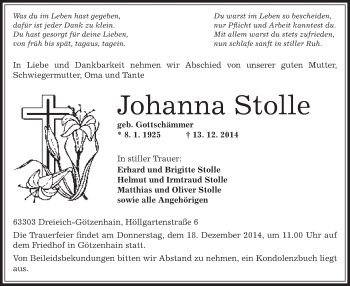 Traueranzeige von Johanna Stolle von Offenbach