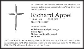 Traueranzeige von Richard Appel von OFFENBACH-POST/HANAU-POST