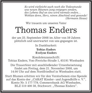 Traueranzeige von Thomas Enders von OFFENBACH-POST/HANAU-POST