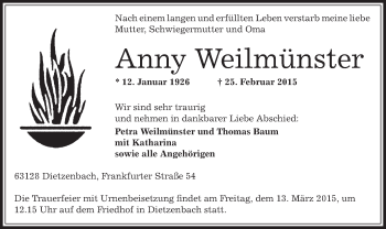 Traueranzeige von Anny Weilmünster von Offenbach