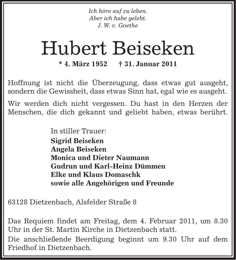  Traueranzeige für Hubert Beiseken vom 02.02.2011 aus OFFENBACH-POST/HANAU-POST