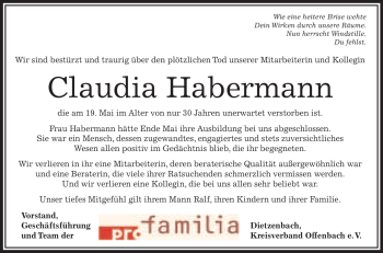 Traueranzeige von Claudia Habermann von OFFENBACH-POST/HANAU-POST