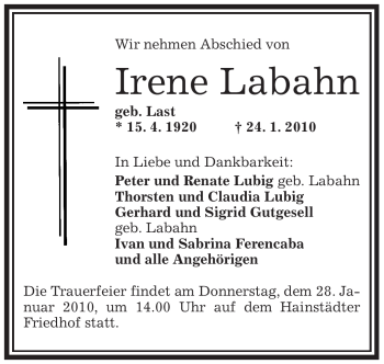 Traueranzeige von Irene Labahn von OFFENBACH-POST/HANAU-POST