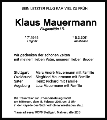 Traueranzeige von Klaus Mauermann von OFFENBACH-POST/HANAU-POST