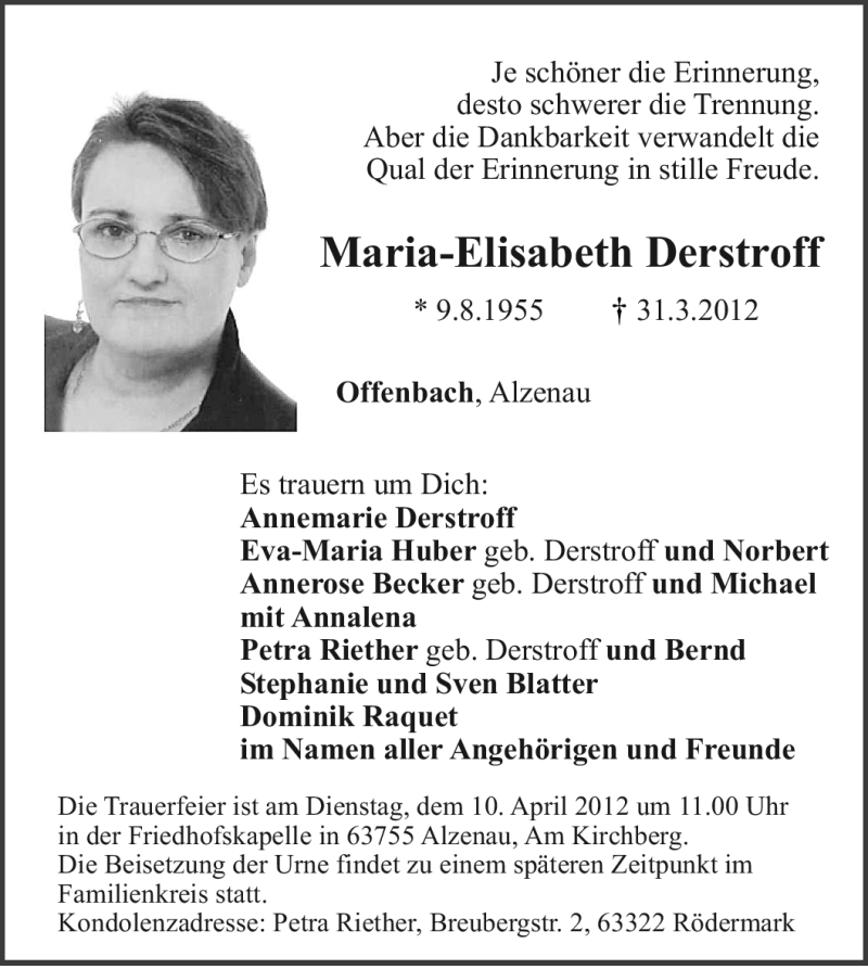  Traueranzeige für Maria-Elisabeth Derstroff vom 05.04.2012 aus OFFENBACH-POST/HANAU-POST