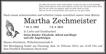 Traueranzeige von Martha Zechmeister von OFFENBACH-POST/HANAU-POST