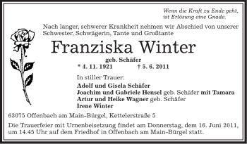 Traueranzeige von Franziska Winter von OFFENBACH-POST/HANAU-POST