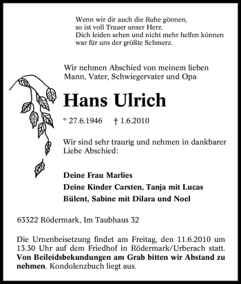 Traueranzeige von Hans Ulrich von OFFENBACH-POST/HANAU-POST
