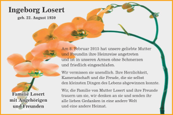 Traueranzeige von Ingeborg Losert von Offenbach