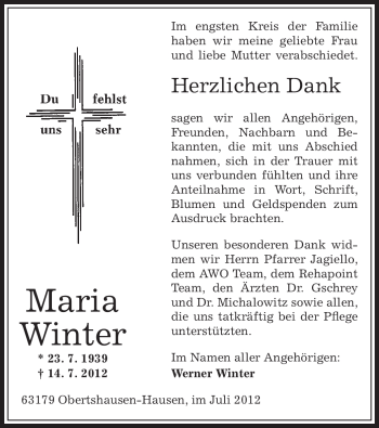 Traueranzeige von Maria Winter von OFFENBACH-POST/HANAU-POST